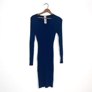 Wolford Blue Virgin Wool-Cotton Ribbed V-Neck Dress • Elegant Bodycon Knit -‎ M